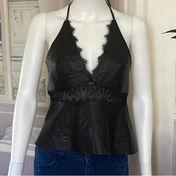 Free People Black Leather & Lace Tie Back Halter Top. Size S. P16/A1722 - Picture 2 of 6